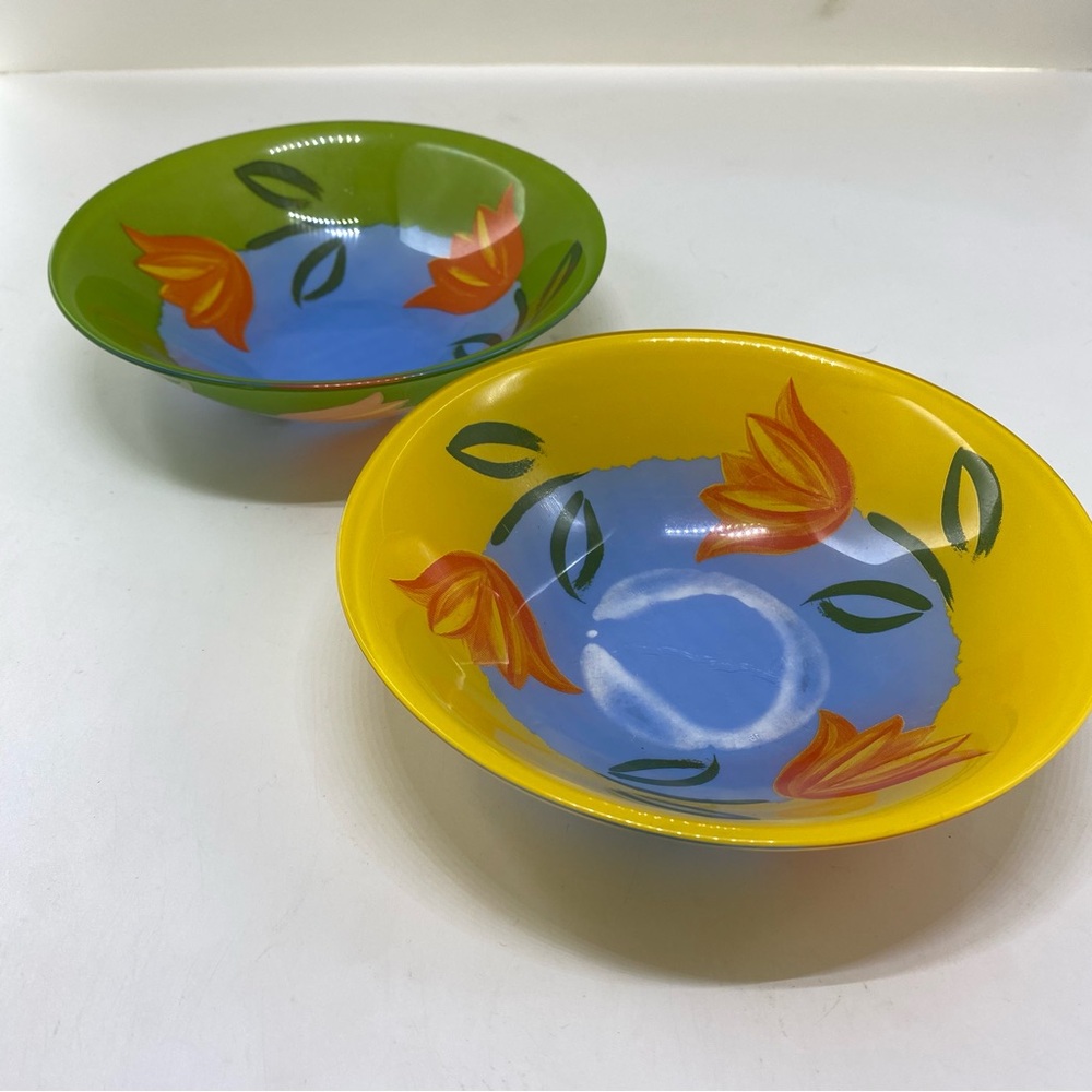 Arcaroc France Set of 2 Matys Hand Painted Glass Bowls Yellow & Blue